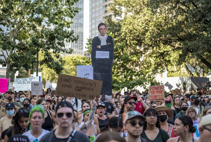 Protesters gather in downtown Austin at a pro-choice rally on June 24, 2022. The Supreme Court overturned Roe v. Wade, leading to national protests in response from pro-choice advocates. The announcement of the overturning would trigger an immediate ban on abortions in several states, including Texas.